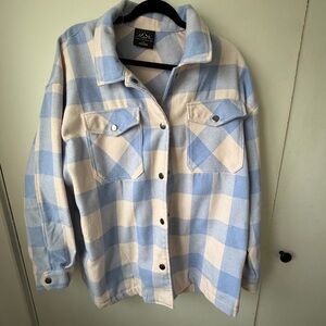 HFX Blue & Cream Plaid Shacket Jacket – Cozy PNW Layer, Size L